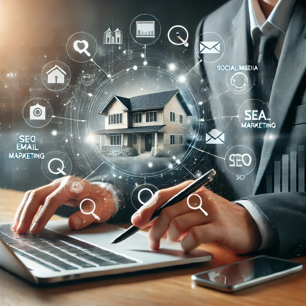 A man standing using a laptop and taking a pen and a mobile on the table. A house appear in this picture and some word like email marketing ,SEO are showing and also some icon like home,camera,balancing scale,email, these are showing in this picture. This image show Digital Marketing for real estate company pic 