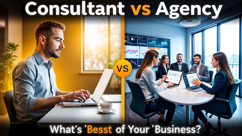 "A split-screen visual: on one side, a solo digital marketing consultant working on a laptop with personalized notes and graphs; on the other, a large agency team in a meeting room filled with charts and screens. Clean, modern design with overlay text: 'Consultant vs Agency – What’s Best for Your Business?' — warm lighting, professional look."