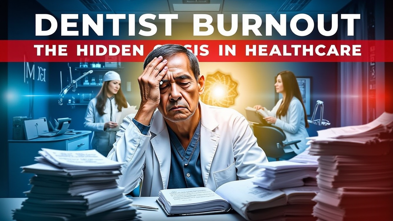 “A tired dentist in his clinic, sitting at his desk looking frustrated