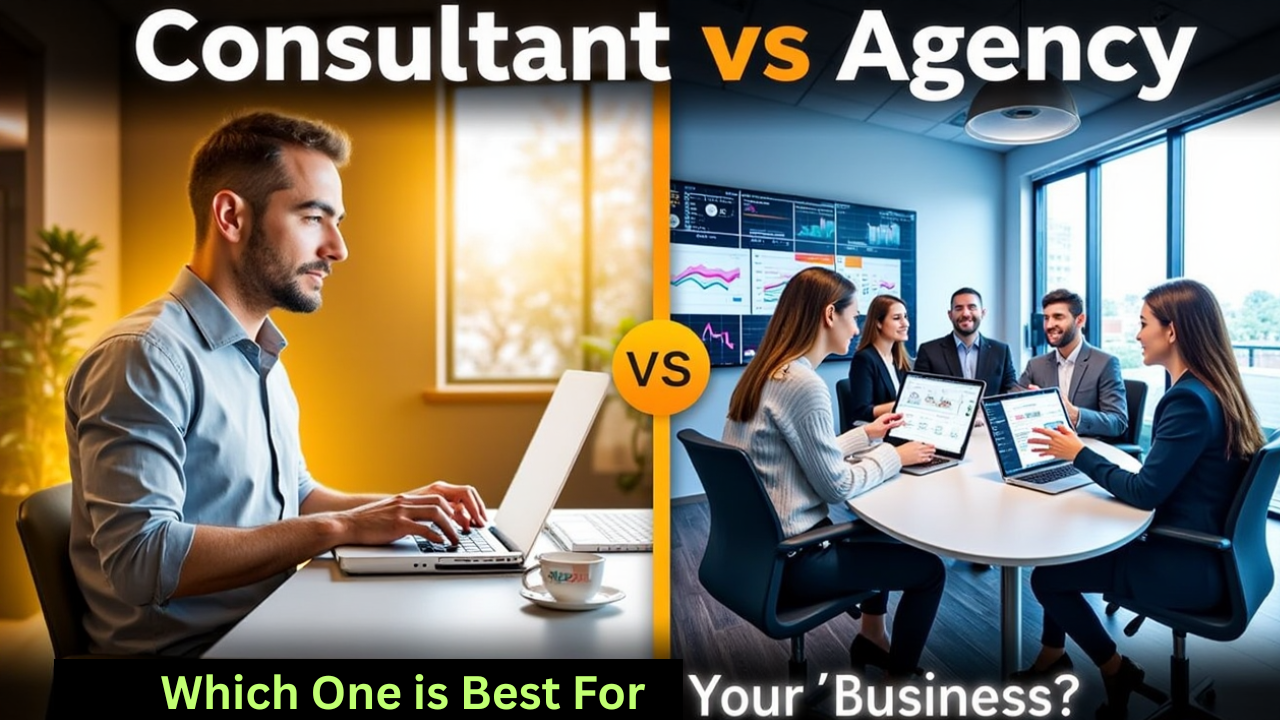 "A split-screen visual: on one side, a solo digital marketing consultant working on a laptop with personalized notes and graphs; on the other, a large agency team in a meeting room filled with charts and screens. Clean, modern design with overlay text: 'Consultant vs Agency – What’s Best for Your Business?' — warm lighting, professional look."