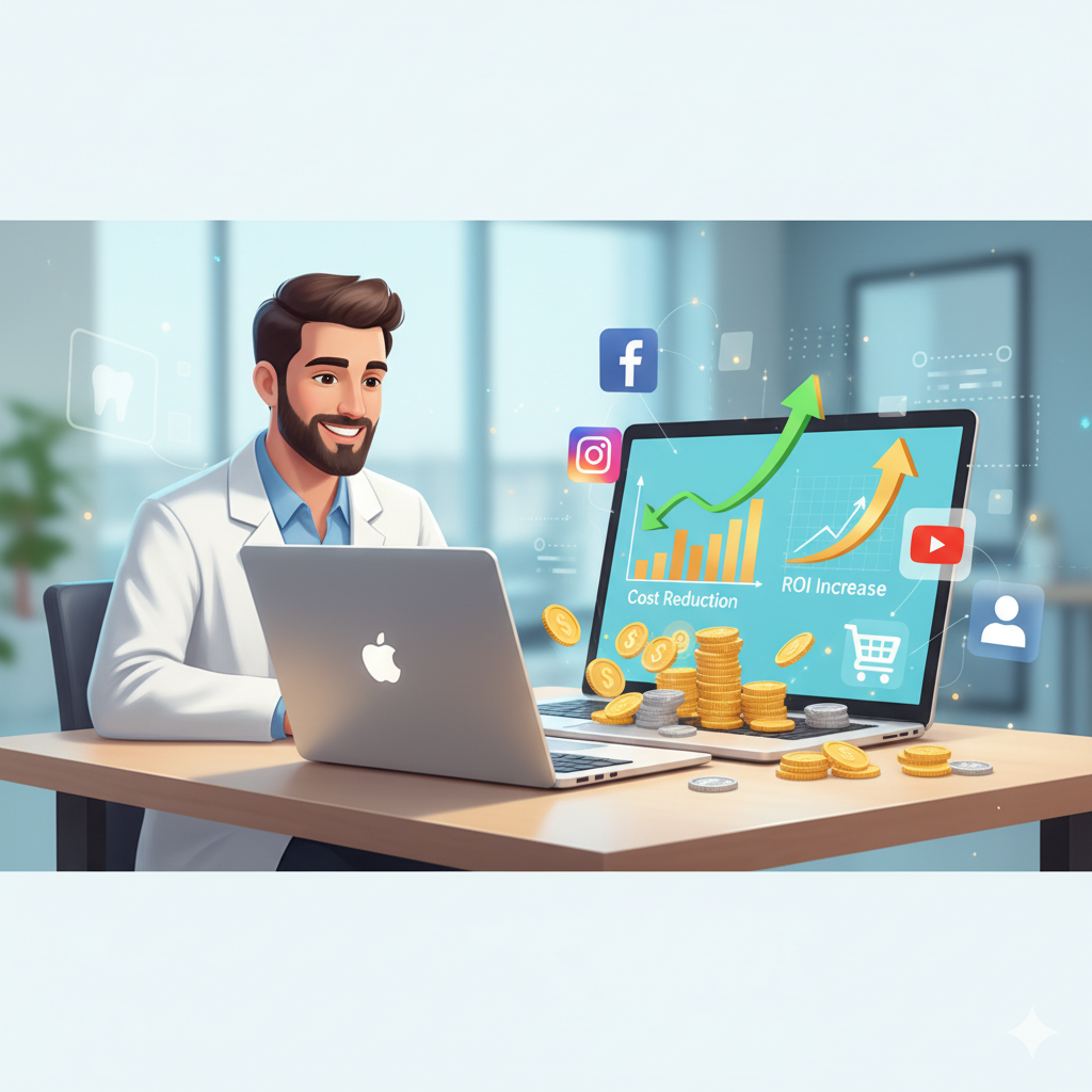 Illustration of a dentist saving money while running digital ads on a laptop, with cost-saving charts, ROI arrows, and coins icons. Soft blue-white theme, clean professional look. Website-adjustable dimensions.