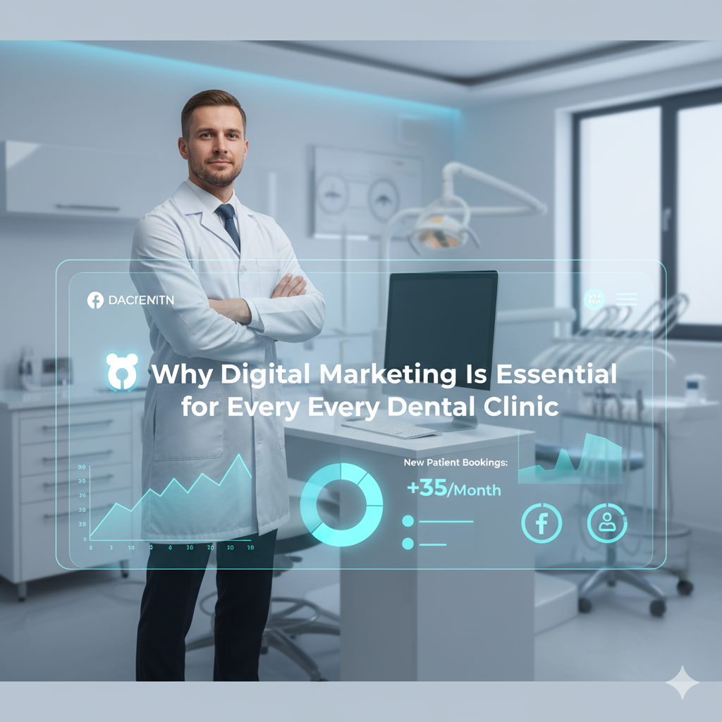 High-quality professional banner showing a modern dental clinic interior with a digital marketing dashboard overlay on transparent screen, including graphs, analytics, patient booking metrics, and social media icons. A dentist in white coat stands confidently beside a computer, soft blue and white color theme, clean lighting, realistic textures, ultra-sharp details. Big bold title text on screen: ‘🦷 Why Digital Marketing Is Essential for Every Dental Clinic’. Wide 1920×1080 layout, perfect for blog header, minimalistic design, business-professional look.