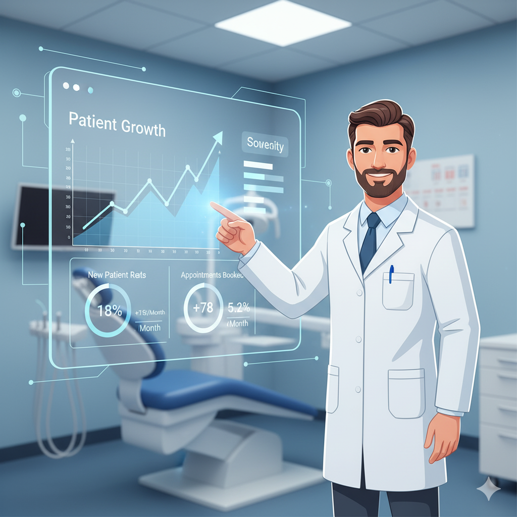 Dental clinic dashboard displaying analytics: patient leads, conversions, CTR, and growth graph. Dentist pointing at data chart confidently. Clean clinic background. Website-adjustable size.