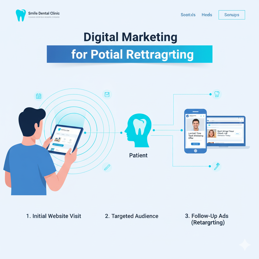 Graphic showing retargeting process with a patient browsing dental services and seeing follow-up ads. Blue targeting circles, dental icons, professional layout, website-adjustable image size."