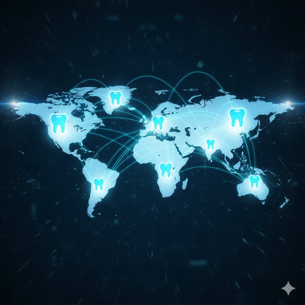 World map glowing with network lines, dental clinic icons spreading across regions, showing global reach of digital marketing. Bright, modern design. Website-adjustable."