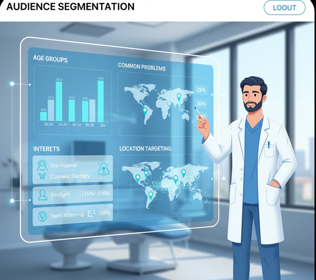 Dental clinic audience segmentation dashboard: age groups, interests, dental problems, location targeting map. Dentist reviewing targeting options. Clean UI style, website-adjustable size."