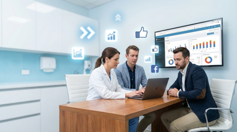 Facebook marketing strategy for dental clinics in Kathmandu showing dentist and digital marketing consultant planning patient lead generation system